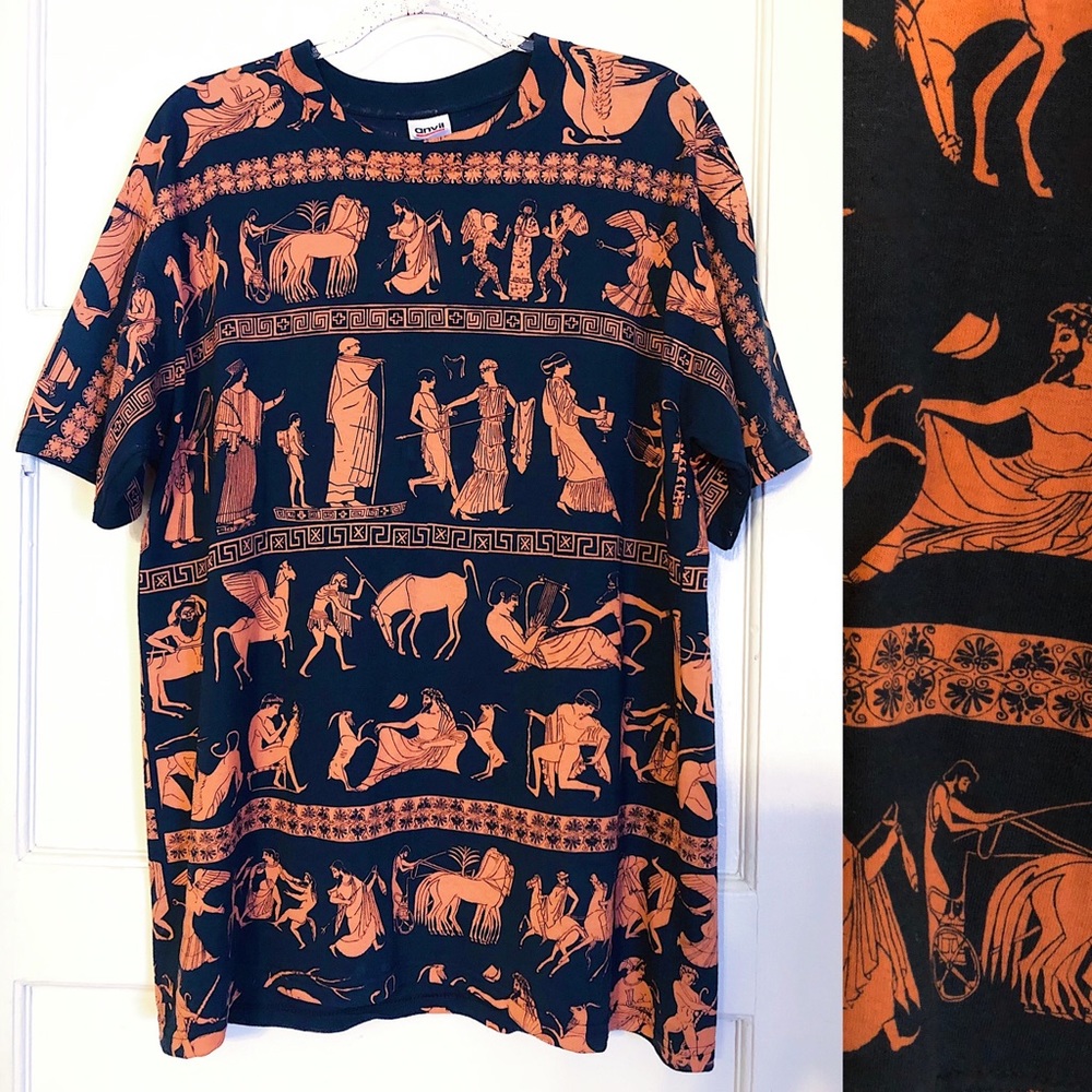 Greek Grecian orange black heiroglyphics tee size large